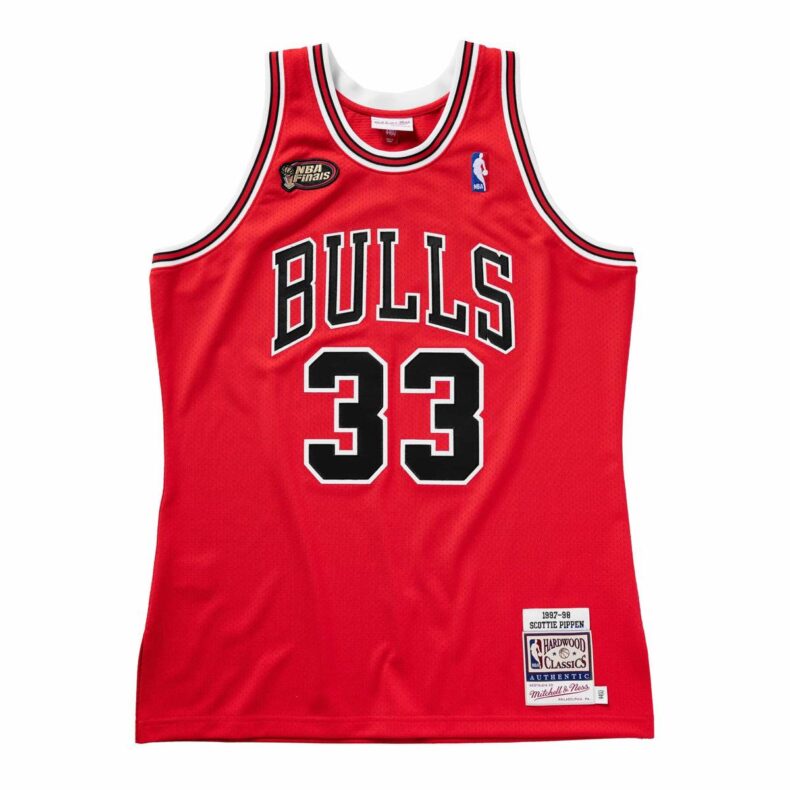 Authentic Jersey Mitchell & Ness Chicago Bulls #33 Scottie Pippen Road Finals Red