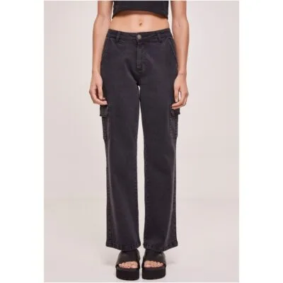 Pantaloni Urban Classics Ladies High Waist Straight Denim Cargo Black