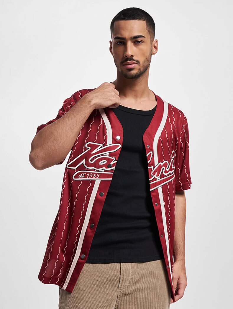 Baseball Shirt Karl Kani Varsity Ziczac Pinstripe dark redwhite 3