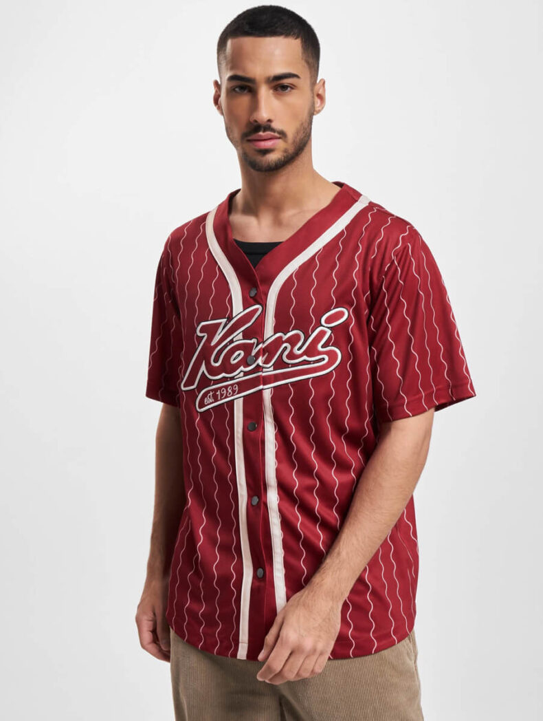 Baseball Shirt Karl Kani Varsity Ziczac Pinstripe dark redwhite